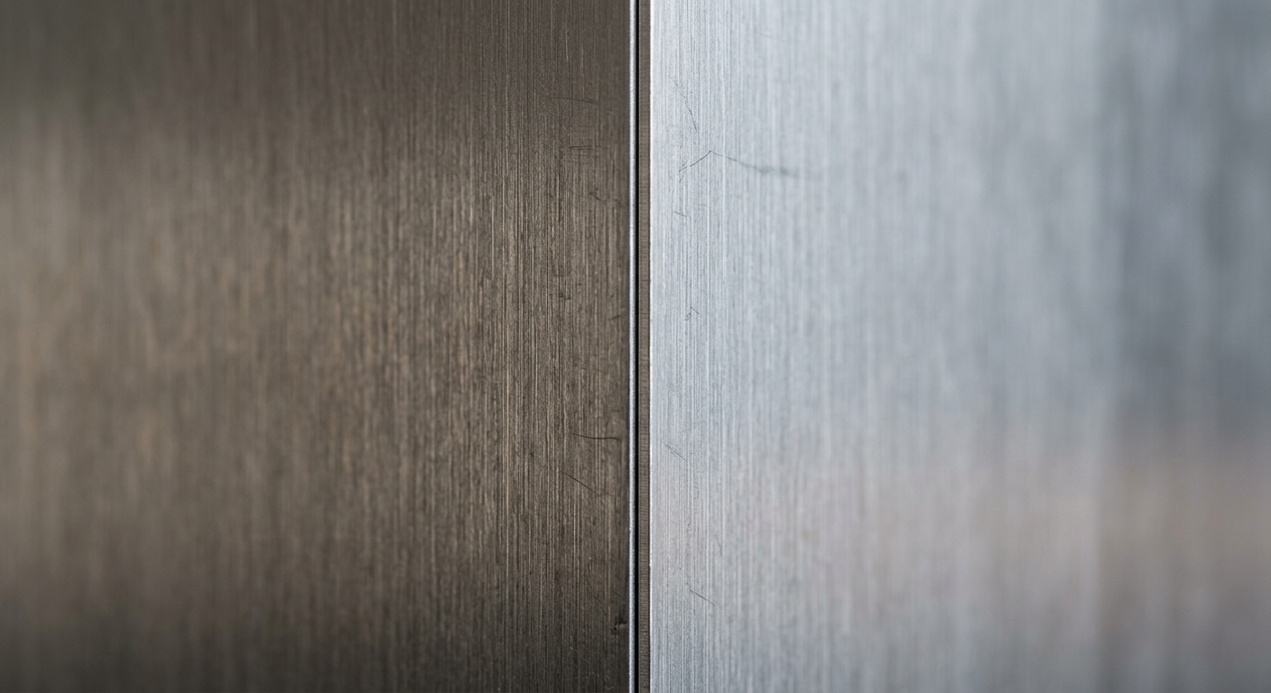 Macro view of two stainless steel sheet surfaces showing texture differences