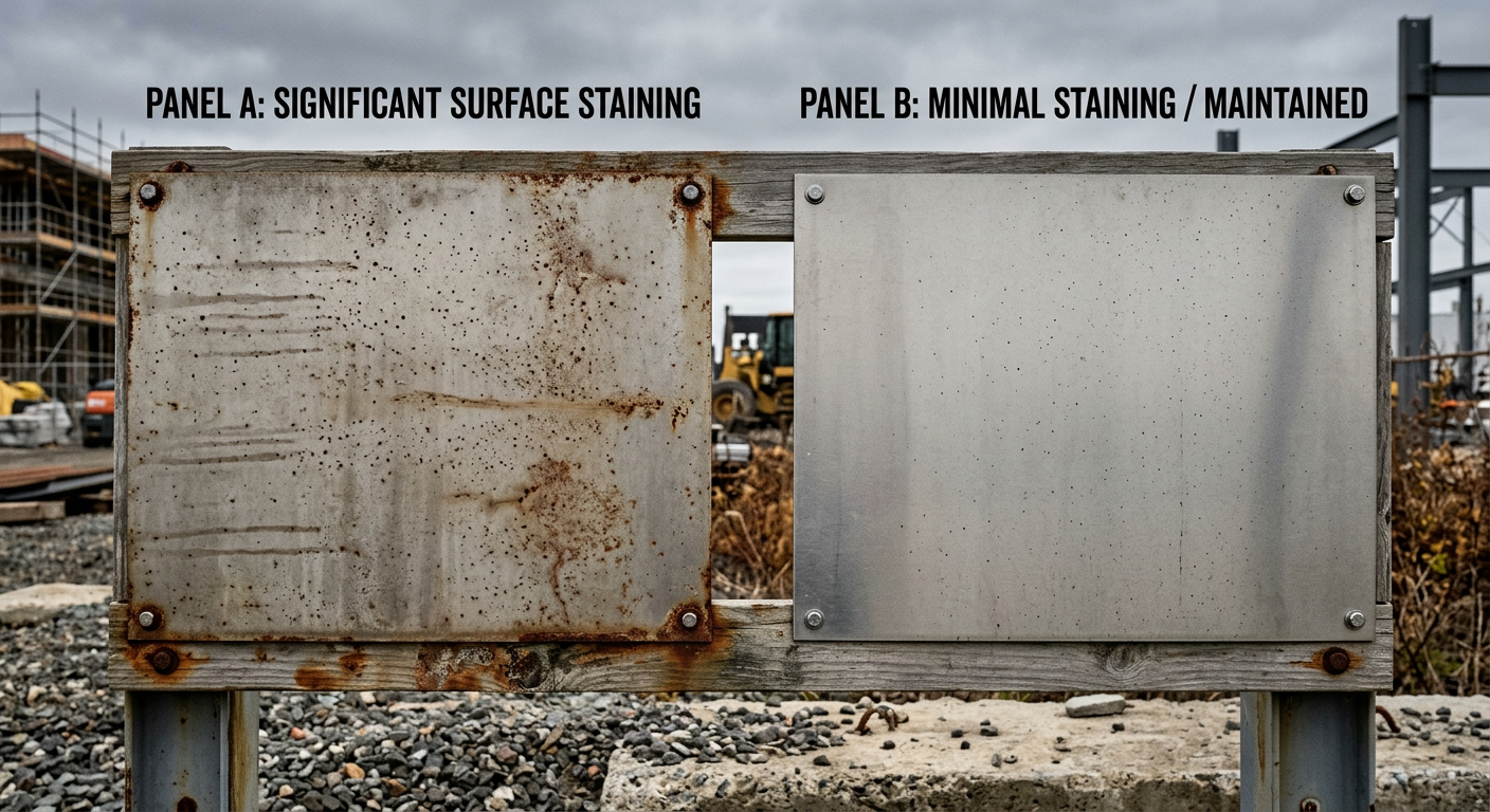 Weathered stainless steel panels showing corrosion comparison