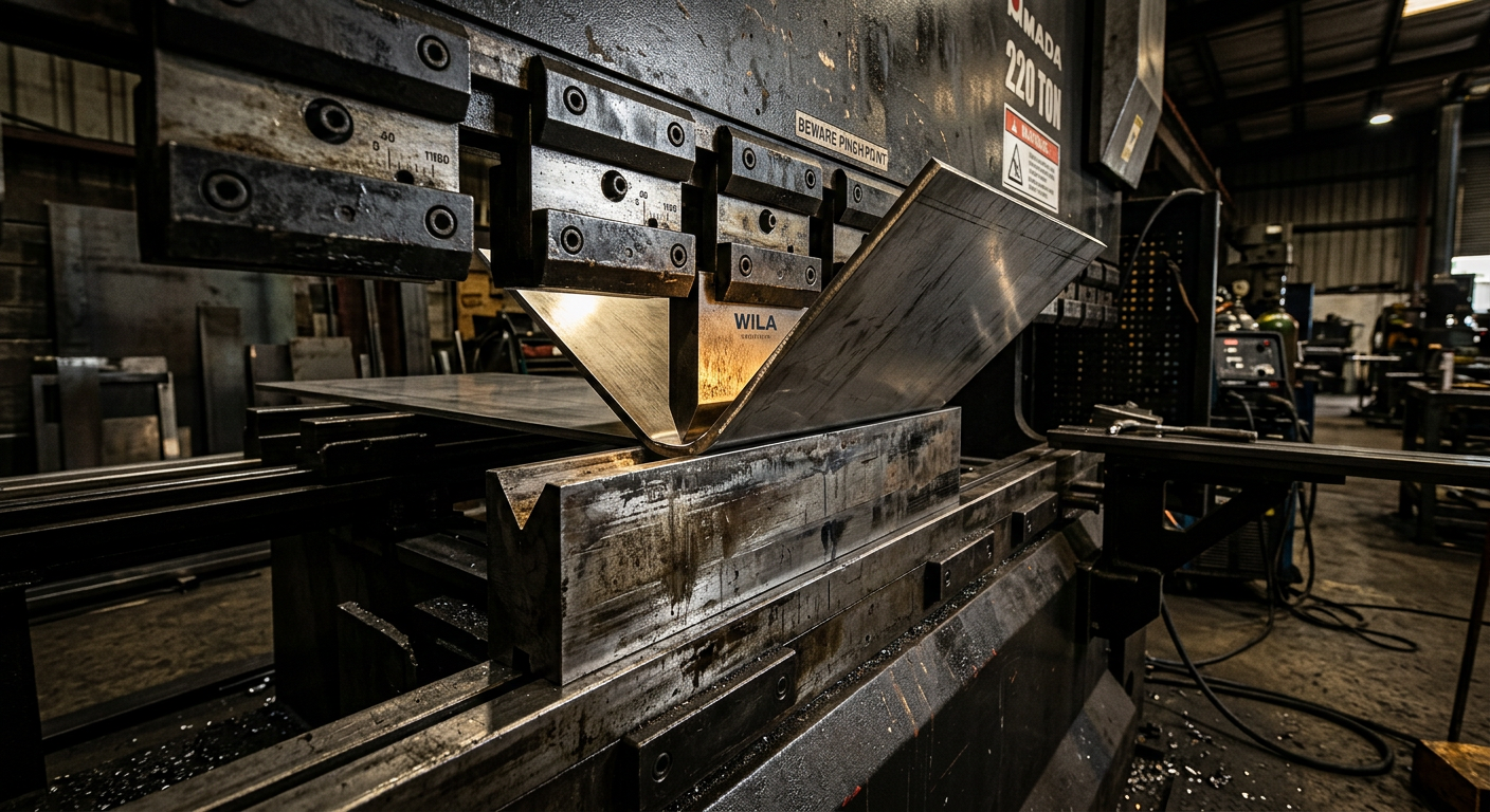 Stainless steel sheet being bent in a press brake during fabrication
