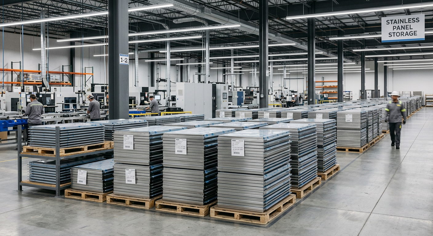 Stacked stainless steel appliance panels in a factory