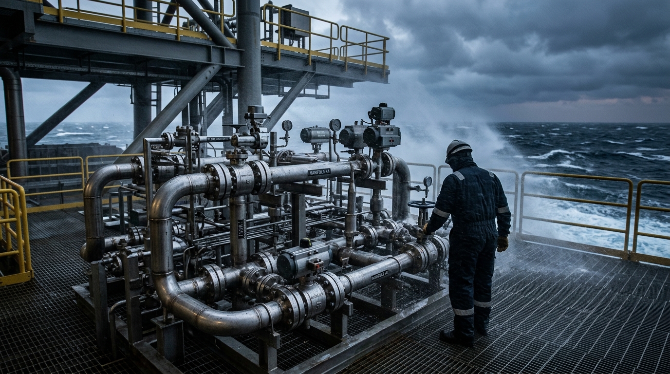 Stainless steel piping on offshore platform exposed to seawater