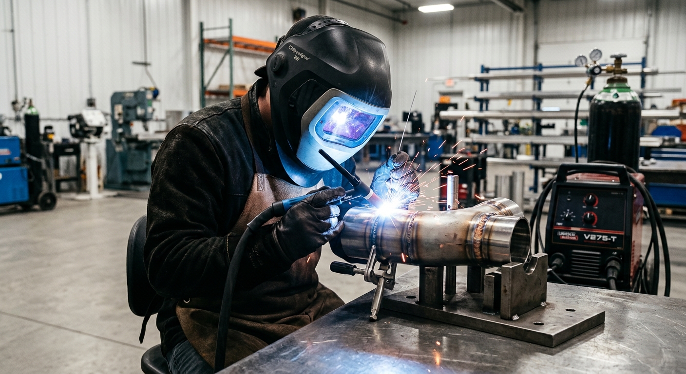 Welder fabricating stainless steel pipe spool in workshop