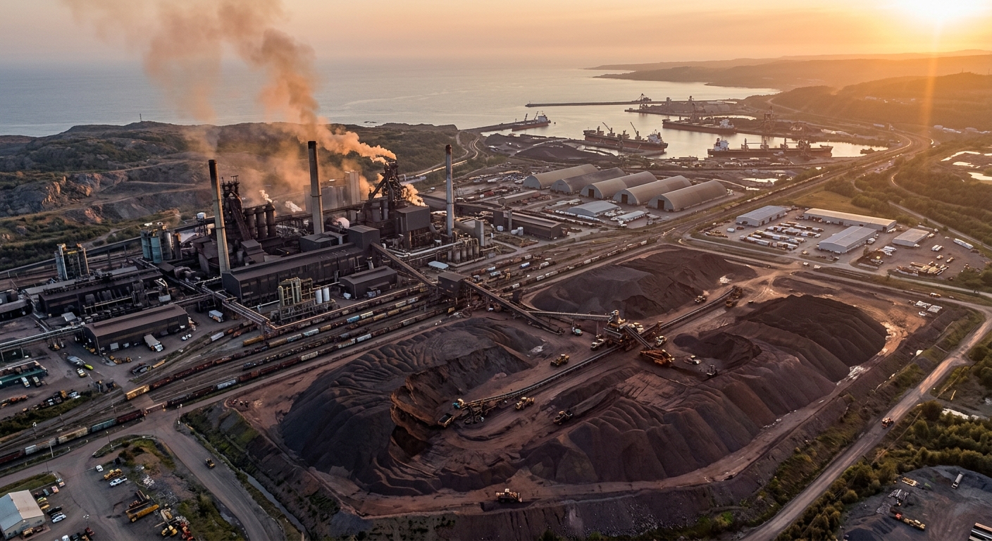 Aerial view of nickel smelting and processing facility showing large stockpiles