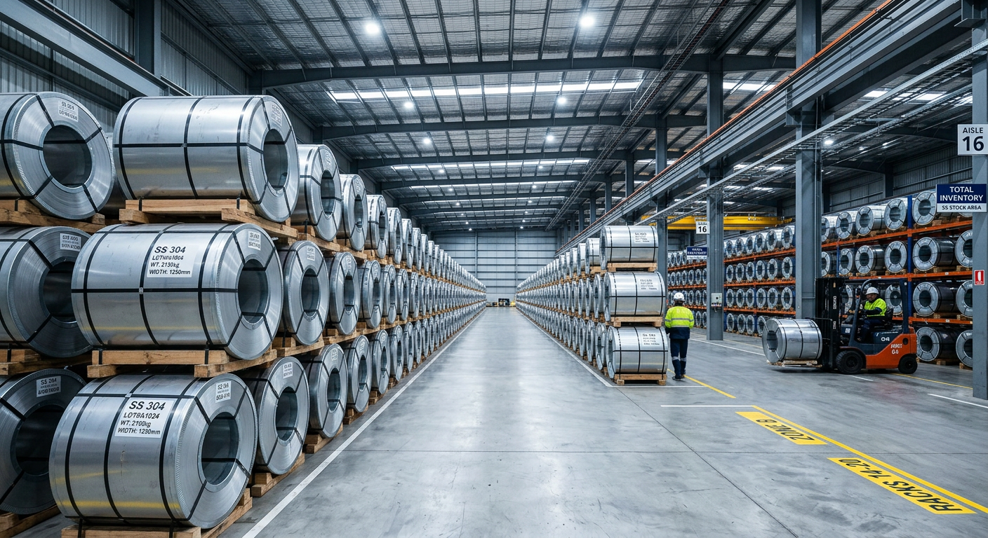 Polished stainless steel coils stacked in a modern warehouse
