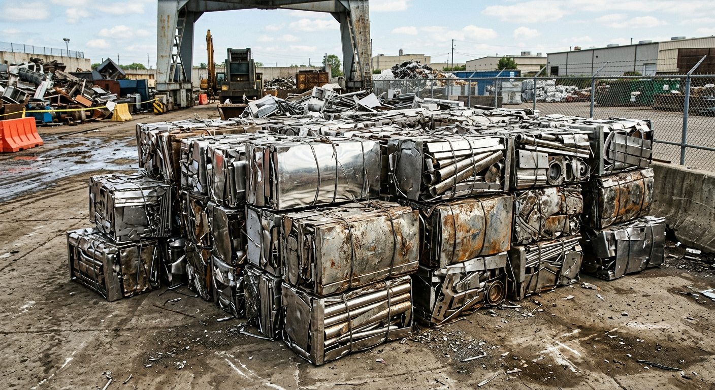 Sorted stainless steel scrap bundles in recycling yard