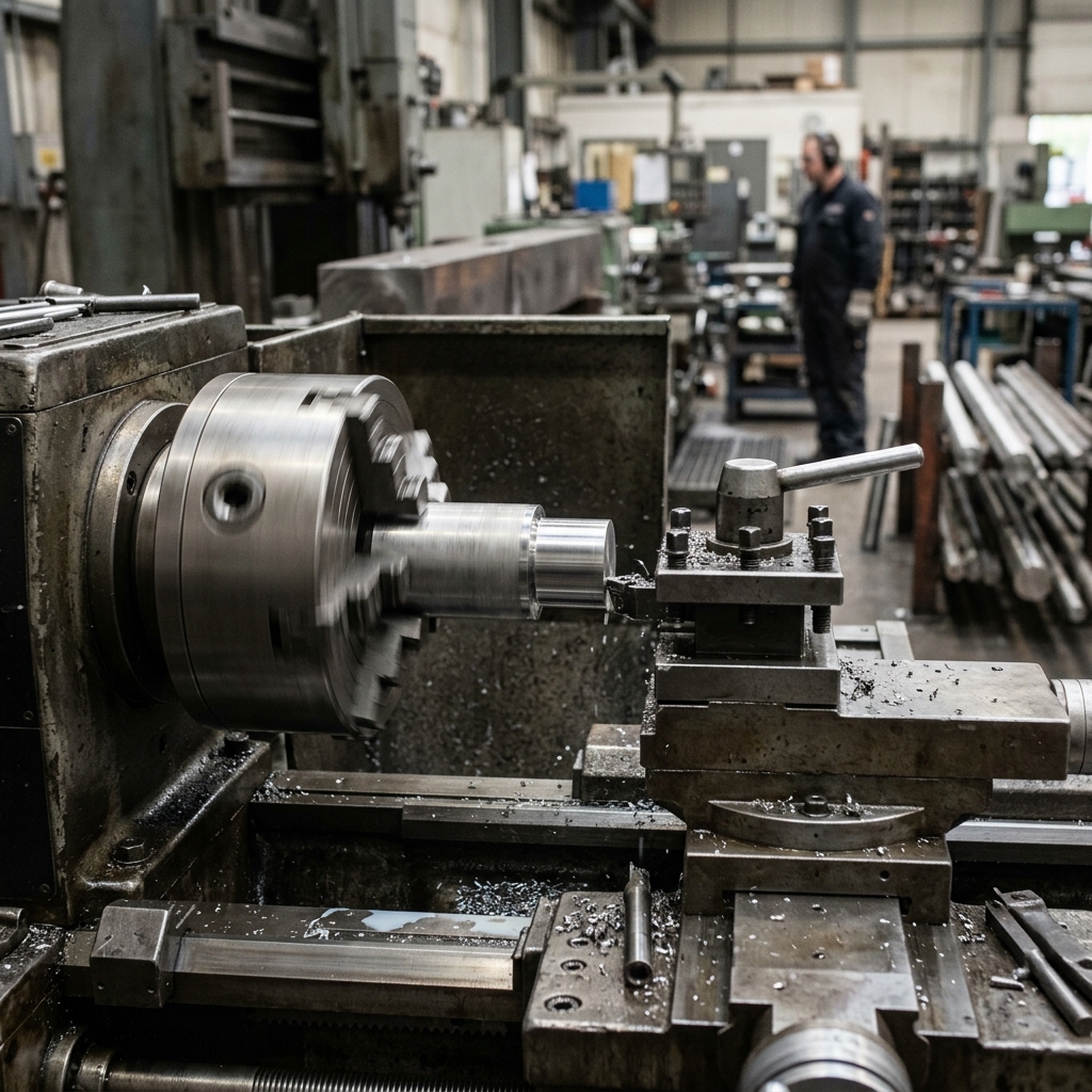 CNC lathe machining a stainless steel round bar in a fabrication shop
