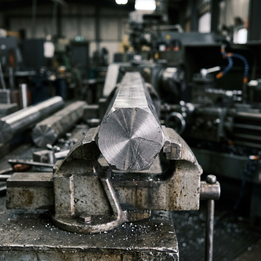 Close-up of a stainless steel bar end face showing the hexagonal cross-section and machined finish
