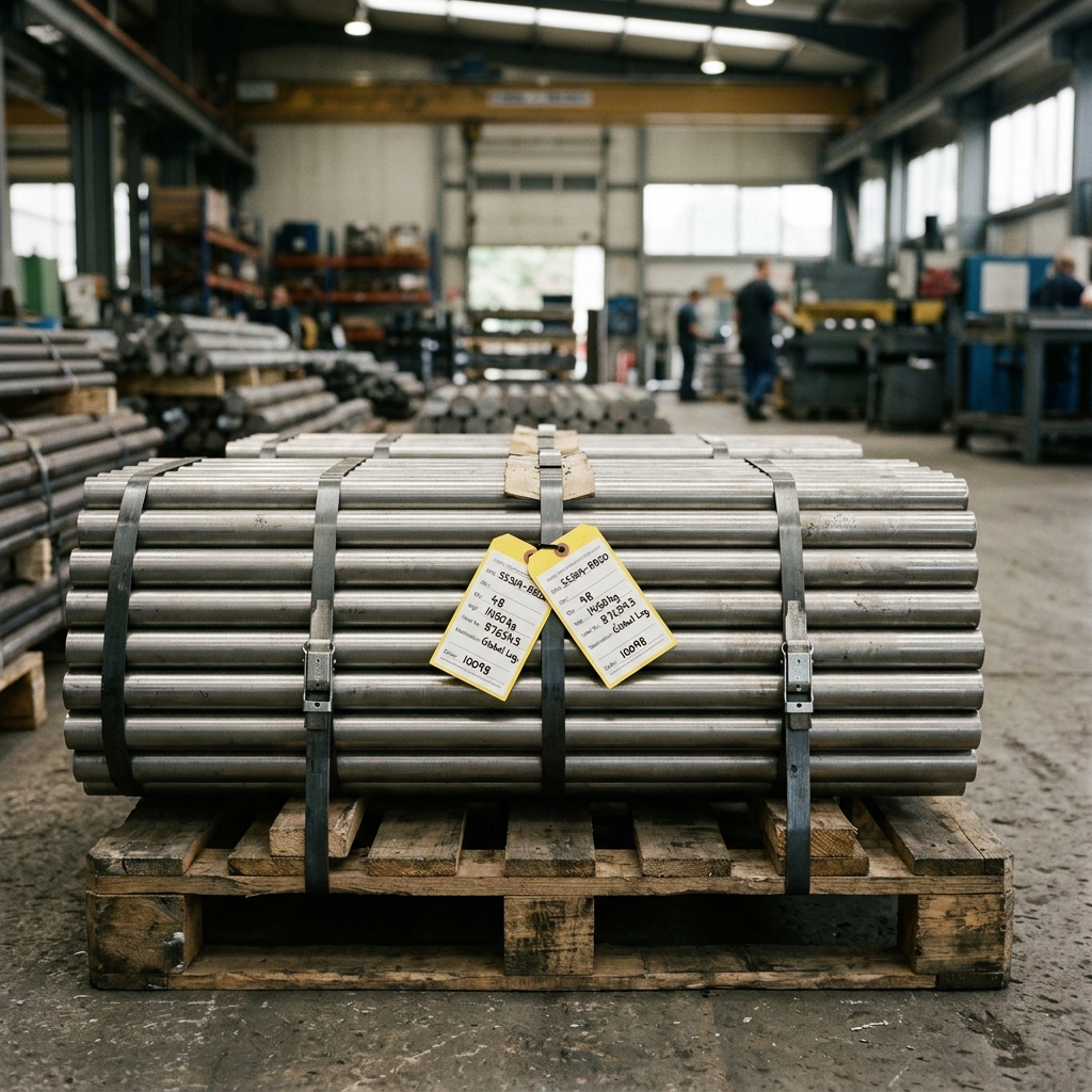 Bundled stainless steel bars strapped and tagged for shipment on a warehouse pallet