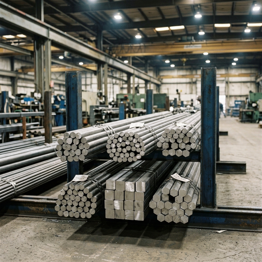 Round, square and hex stainless steel bars bundled on a mill storage rack