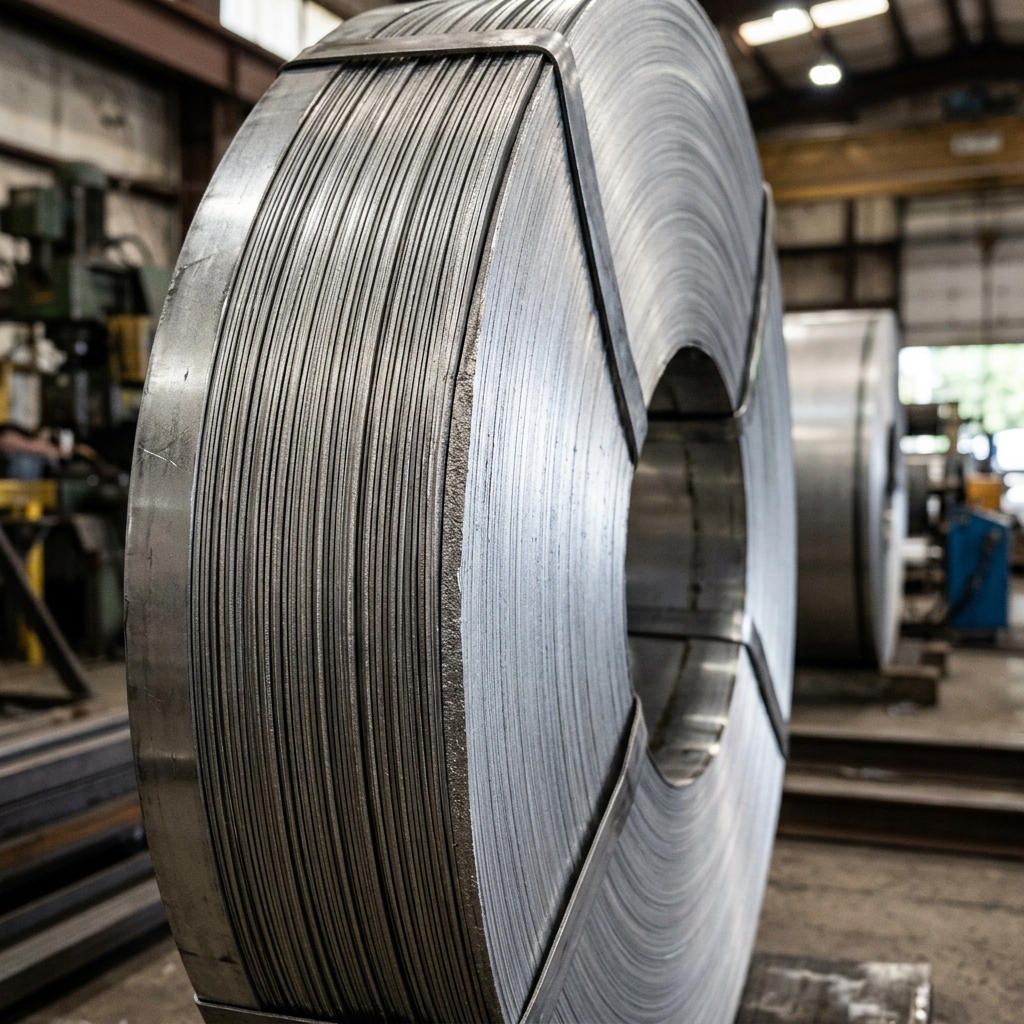 Close-up of a stainless steel coil's cut edge showing the tightly wound strip layers