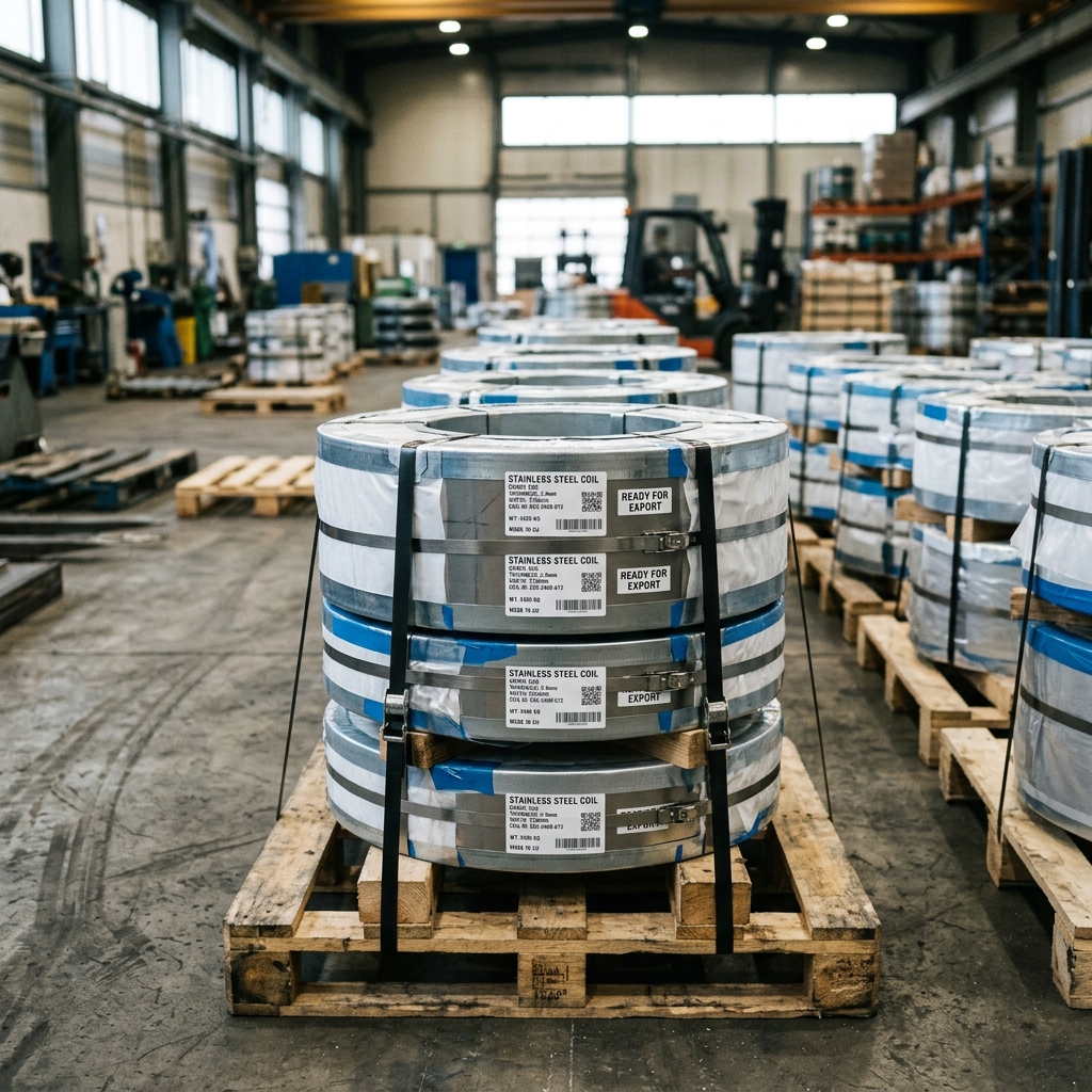Stainless steel coils wrapped and strapped upright on pallets, ready for export