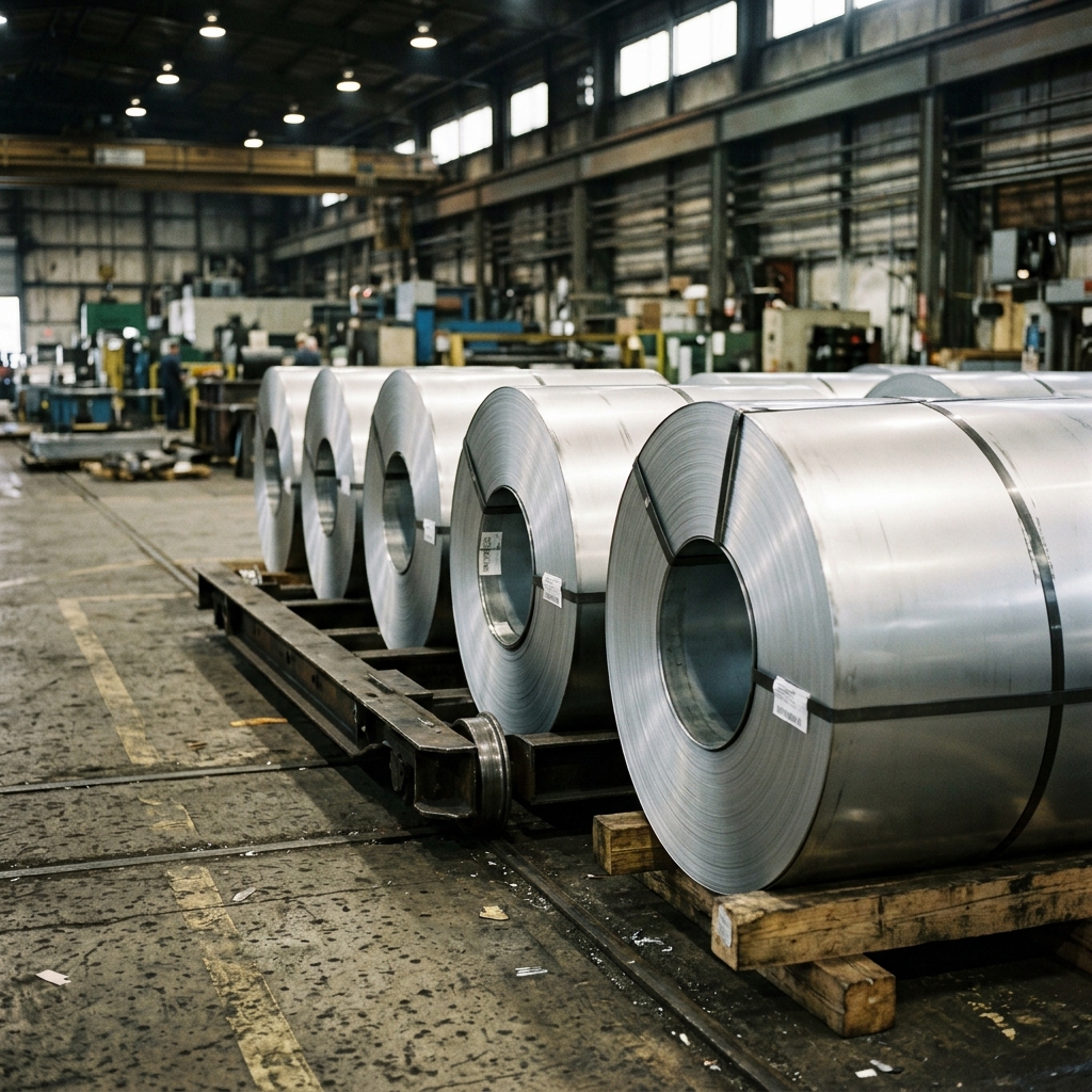 Stainless steel coils standing on edge on a mill floor with a cold-rolled bright finish