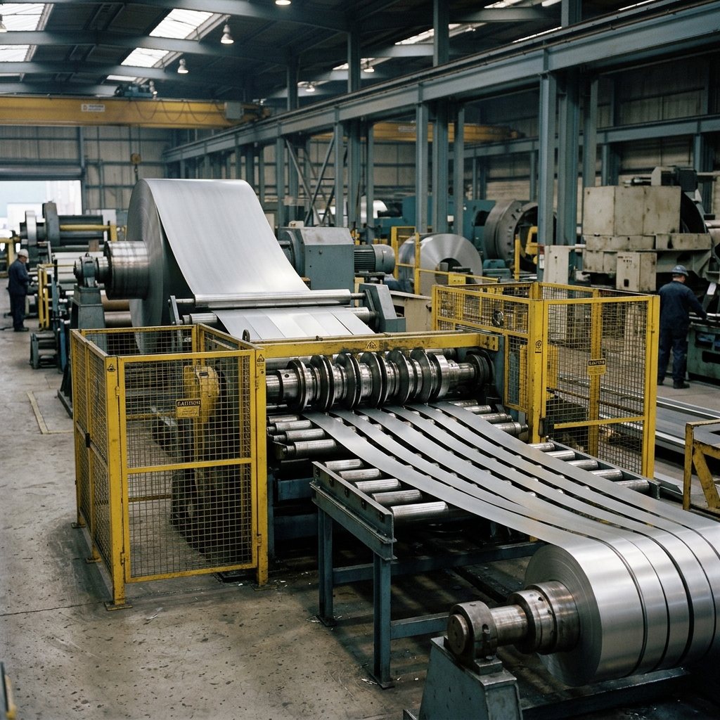 Slitting line unwinding a stainless steel coil into narrower strip in a mill