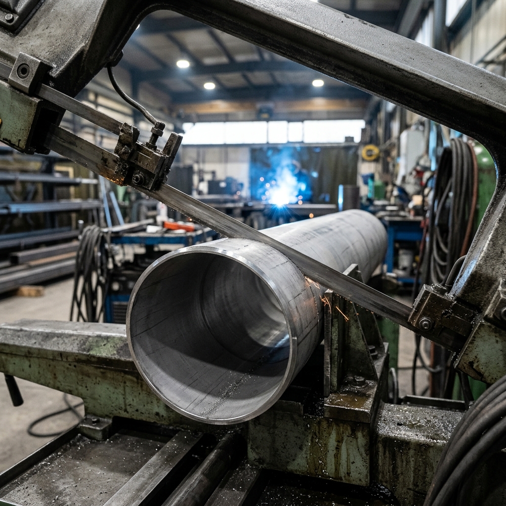 Stainless steel pipe being cut to length on a bandsaw in a fabrication shop