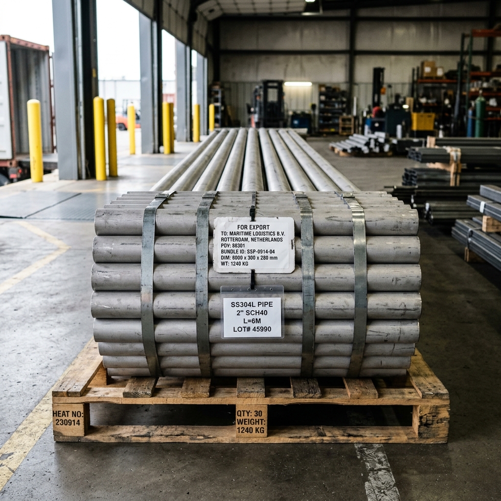 Bundled stainless steel pipes strapped and tagged for export shipment on a warehouse dock