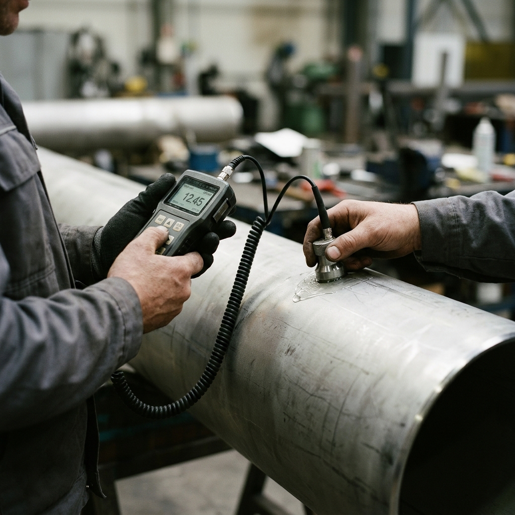 Technician checking stainless steel pipe wall thickness with an ultrasonic gauge