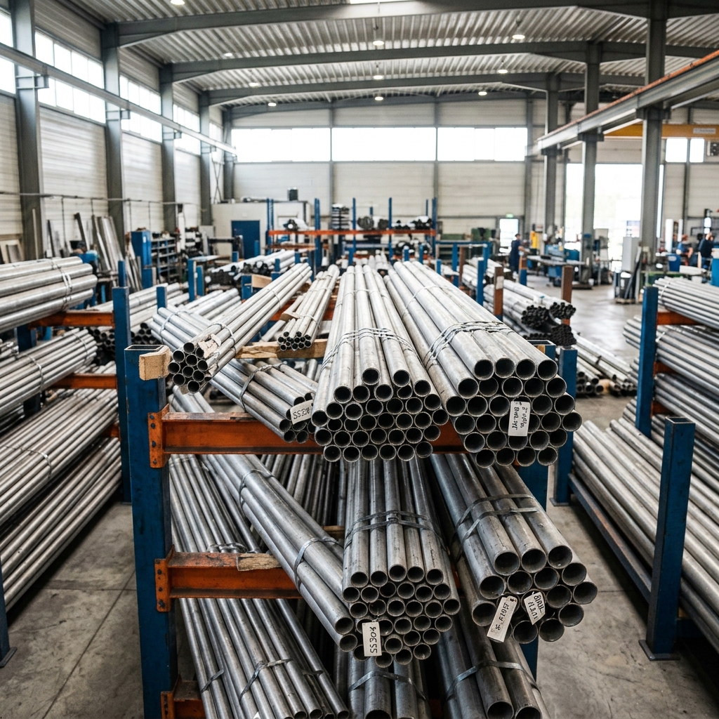 Bundled stainless steel pipes of varying diameters racked in a mill warehouse