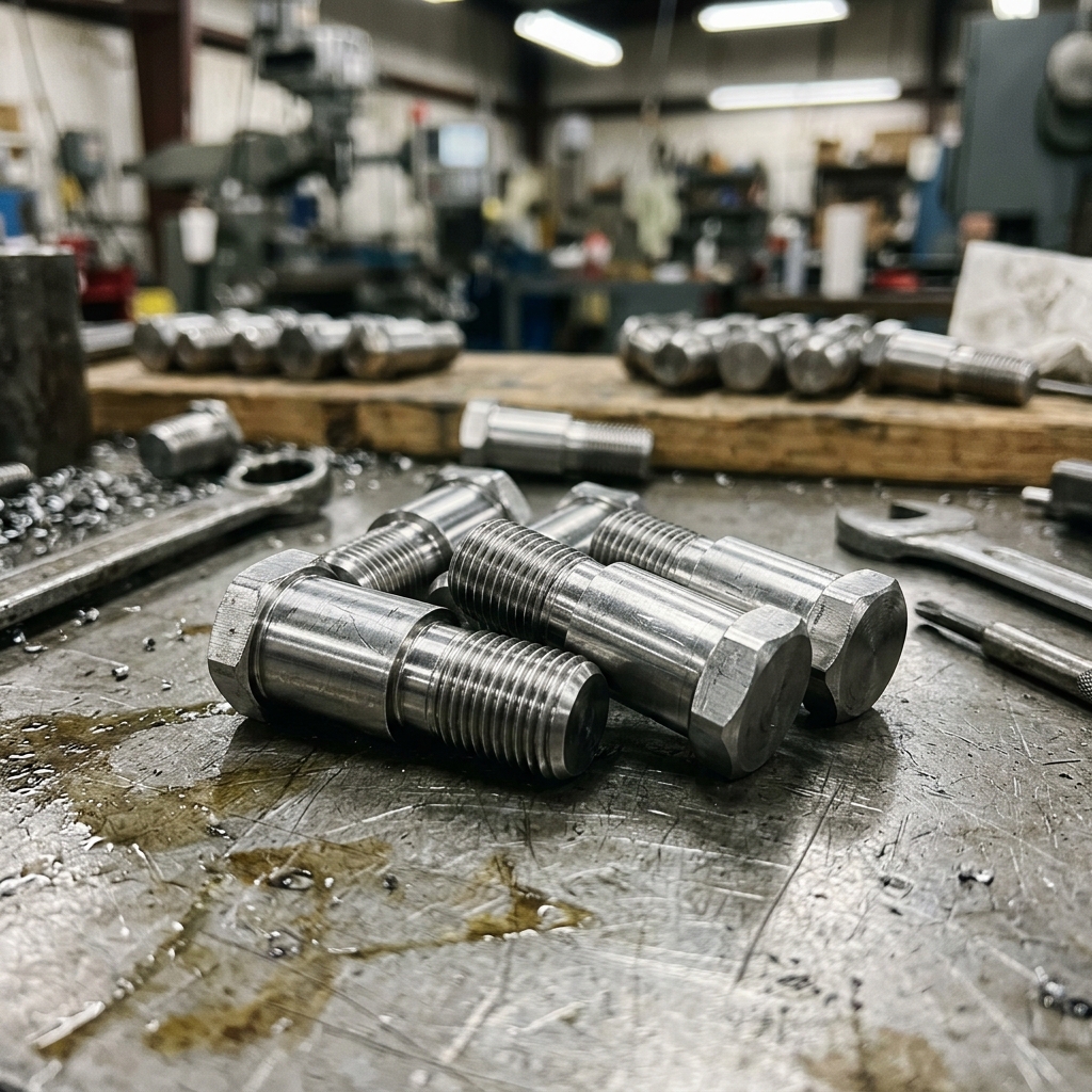 Precision-turned stainless steel shaft blanks laid out on a workbench