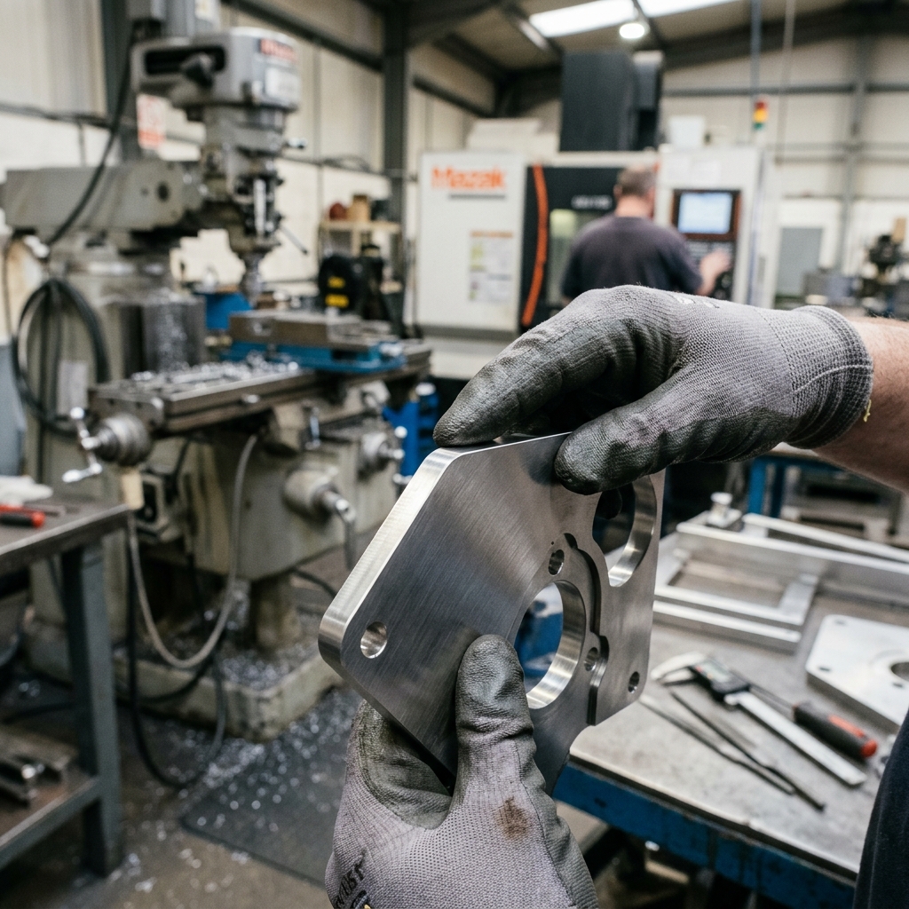 Gloved hand inspecting the clean cut edge of a finished stainless steel plate part