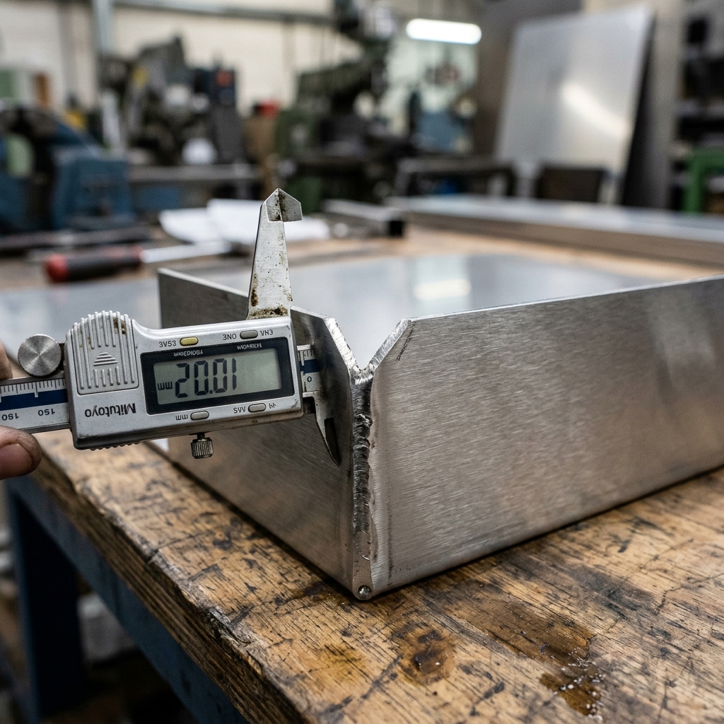 Close-up of a stainless steel sheet corner being measured with a caliper, showing the rolled surface and cut edge