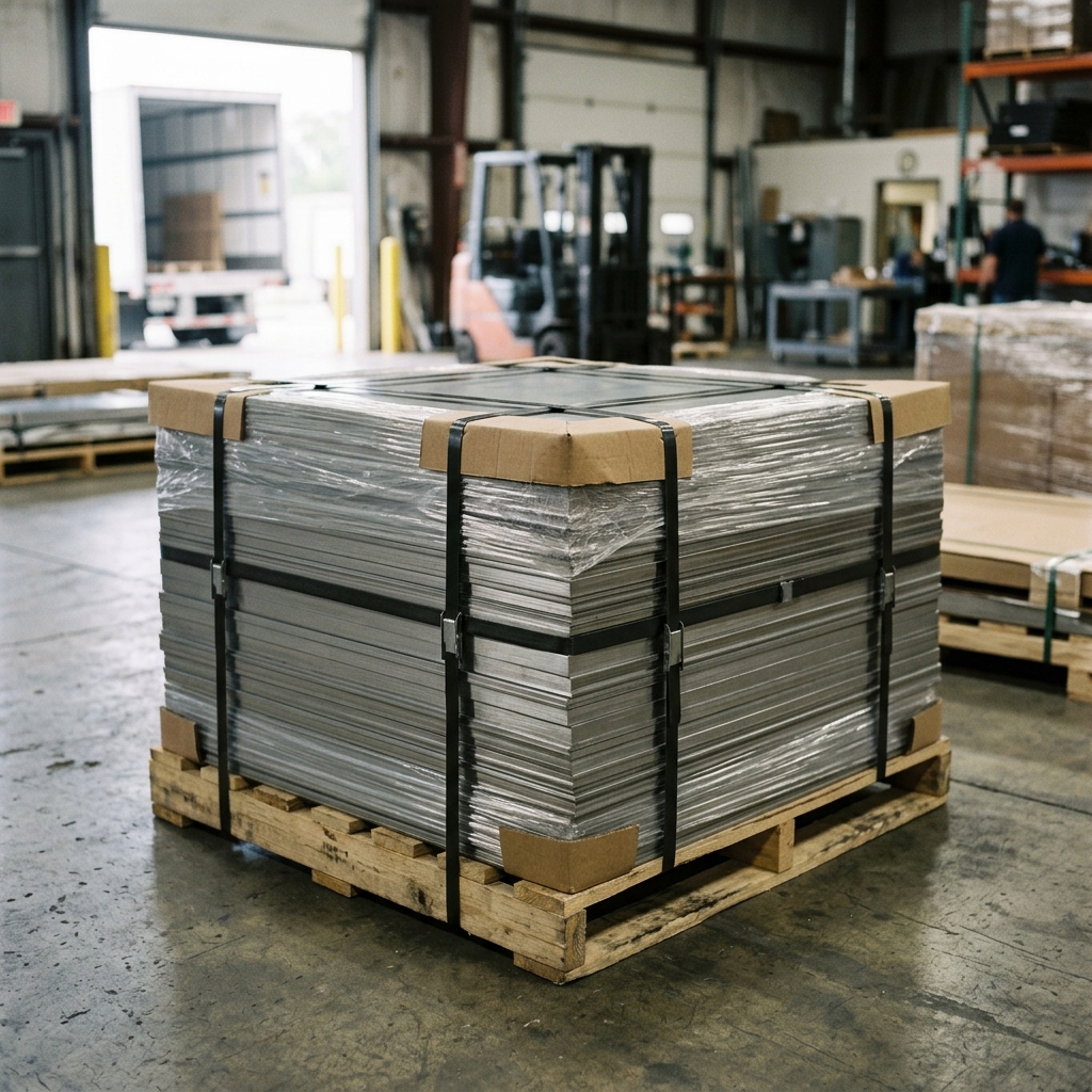 Banded stainless steel sheets stacked and shrink-wrapped on a pallet, ready for export shipment