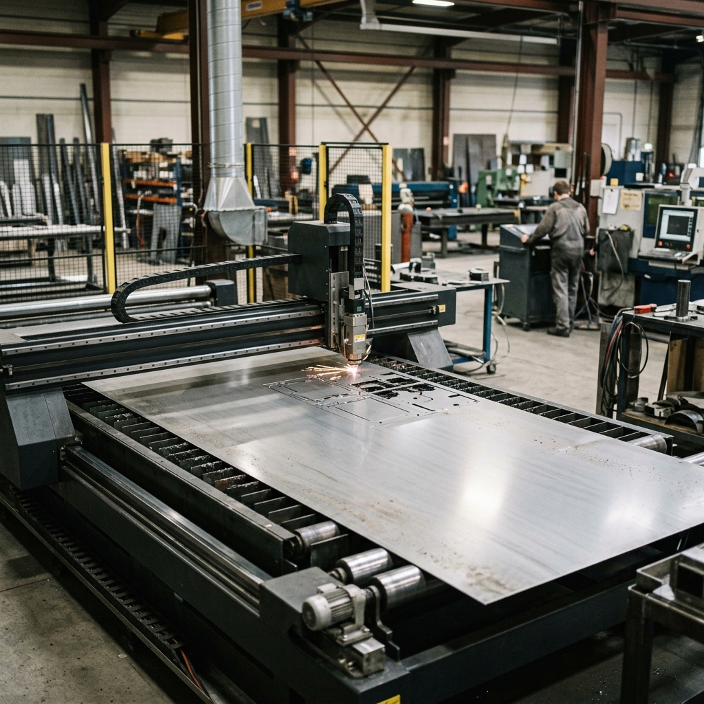 Stainless steel sheet being cut on a laser cutting table in a fabrication shop