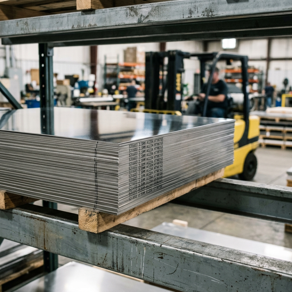 Stacked stainless steel sheets on a warehouse rack with mill markings on the edge and a forklift in the background