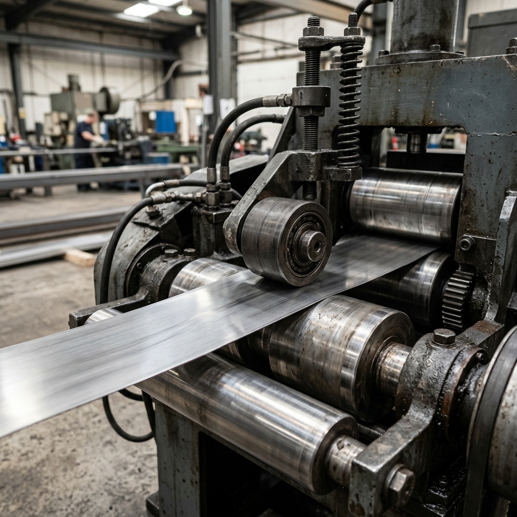 Stainless steel strip passing through rollers, showing surface finish and tension control