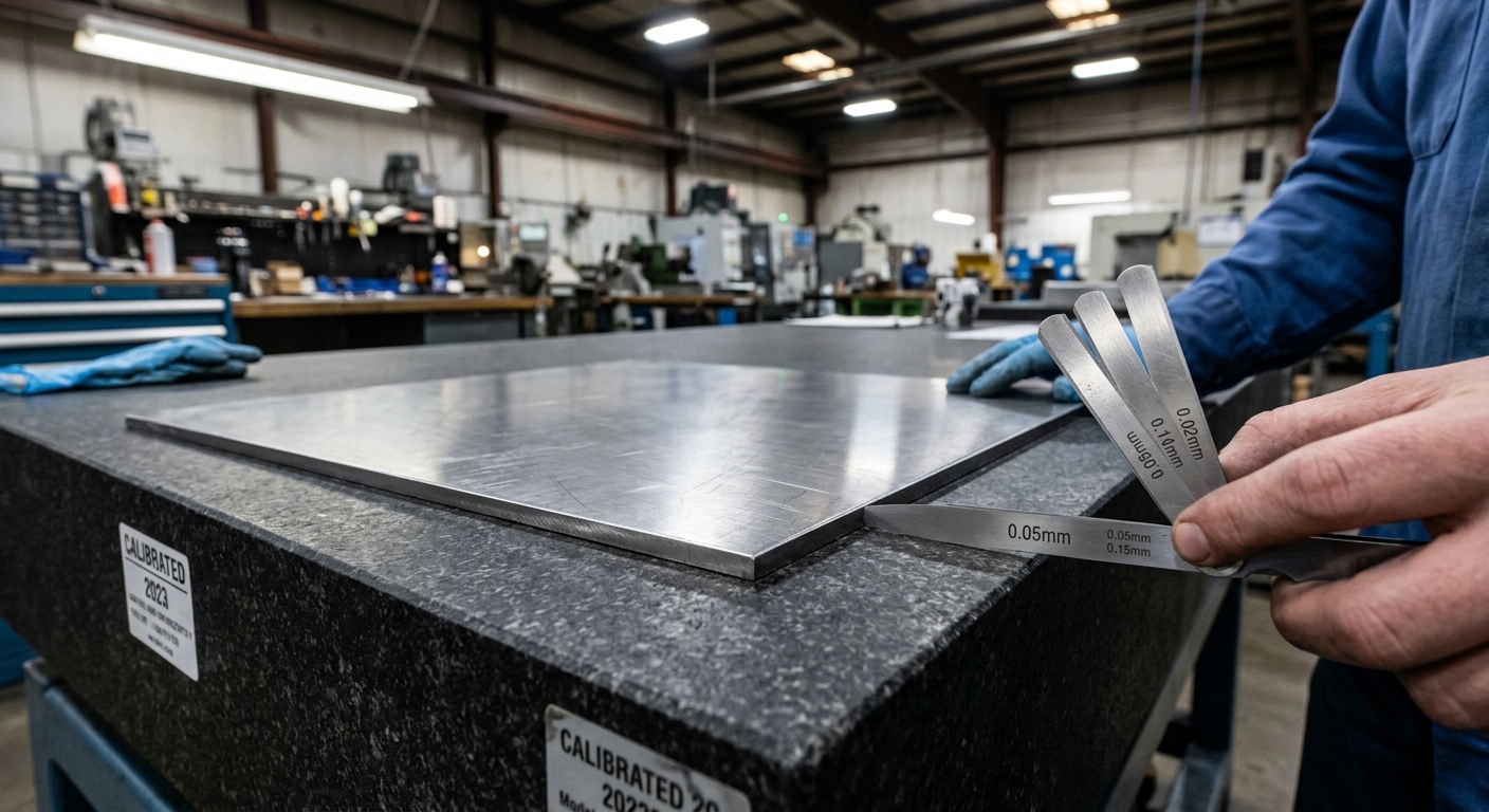 Feeler gauge checking stainless steel sheet flatness on inspection table