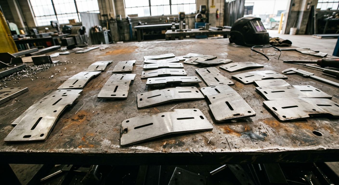 Laser-cut stainless steel bracket parts showing bowing distortion after cutting