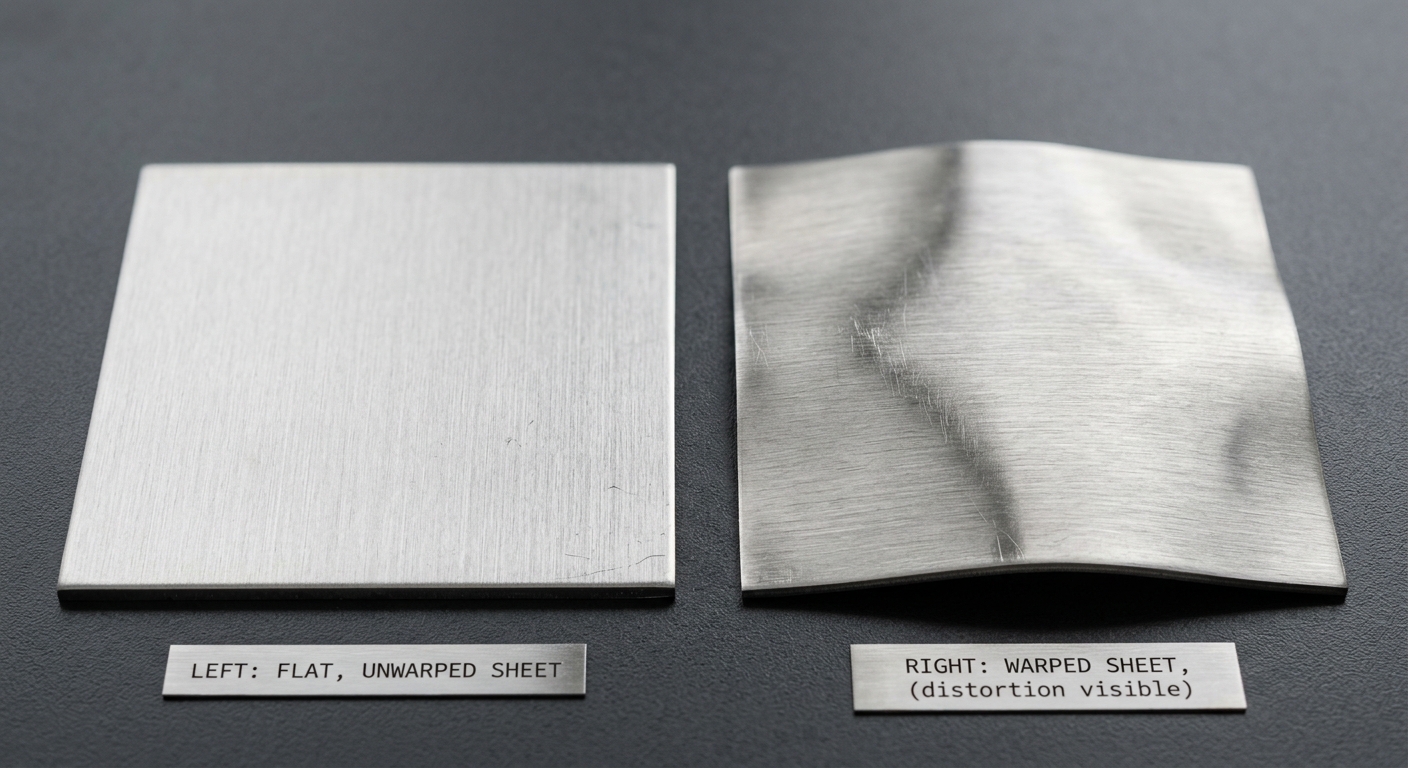 Comparison of flat versus warped stainless steel sheet samples after cutting