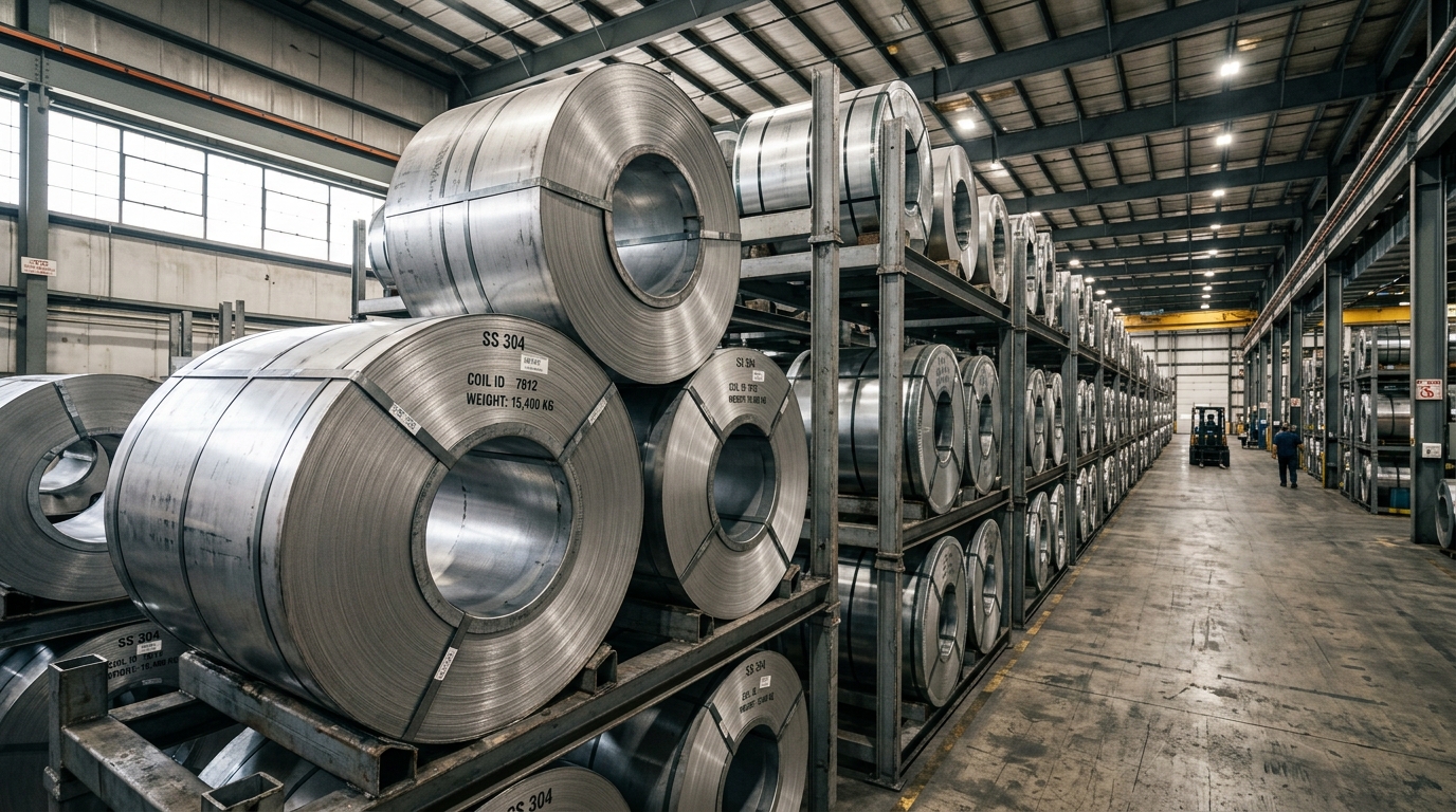 Stainless steel coils stacked in warehouse storage racks