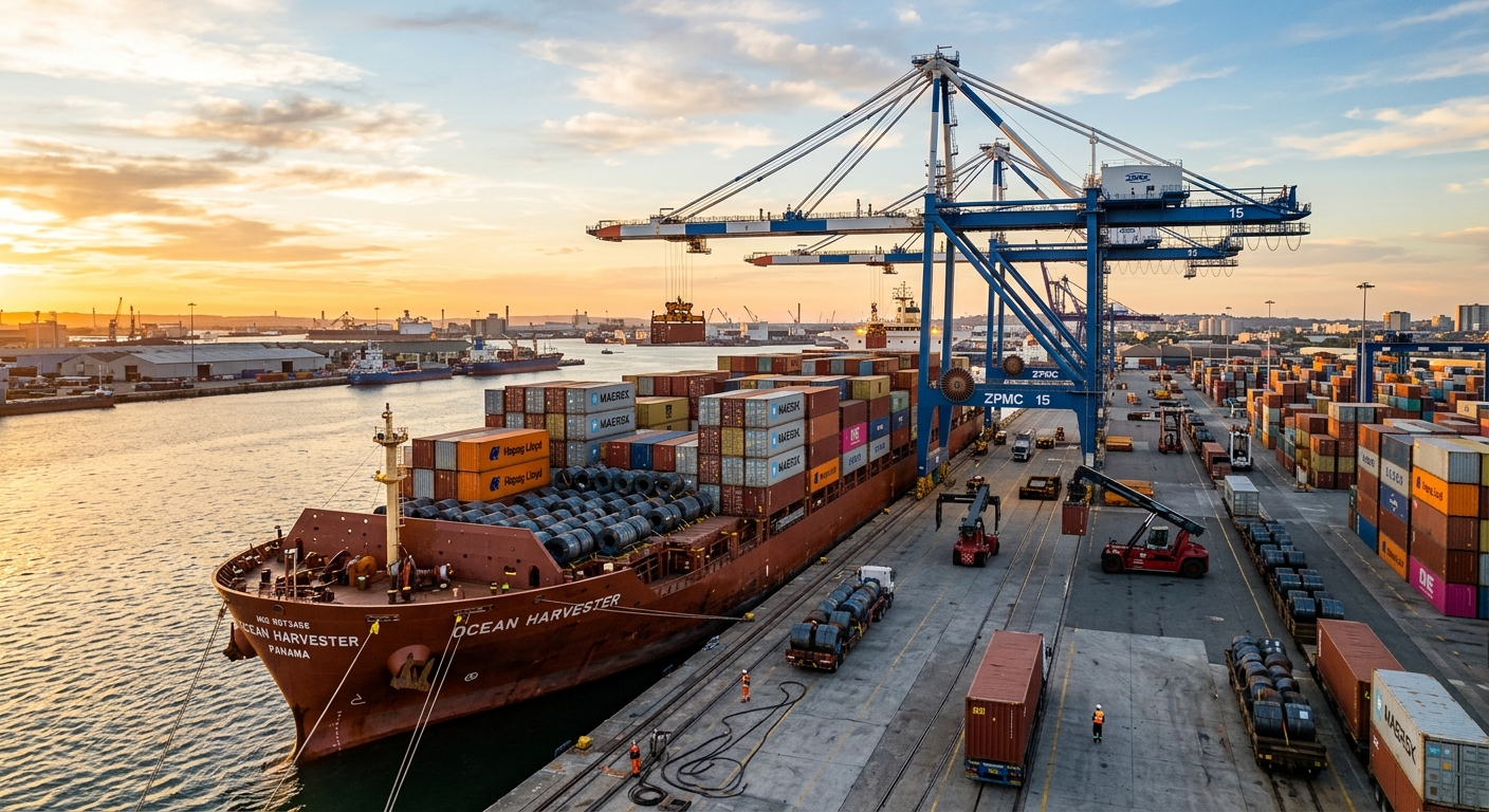 Cargo ship carrying steel coils at an industrial port terminal