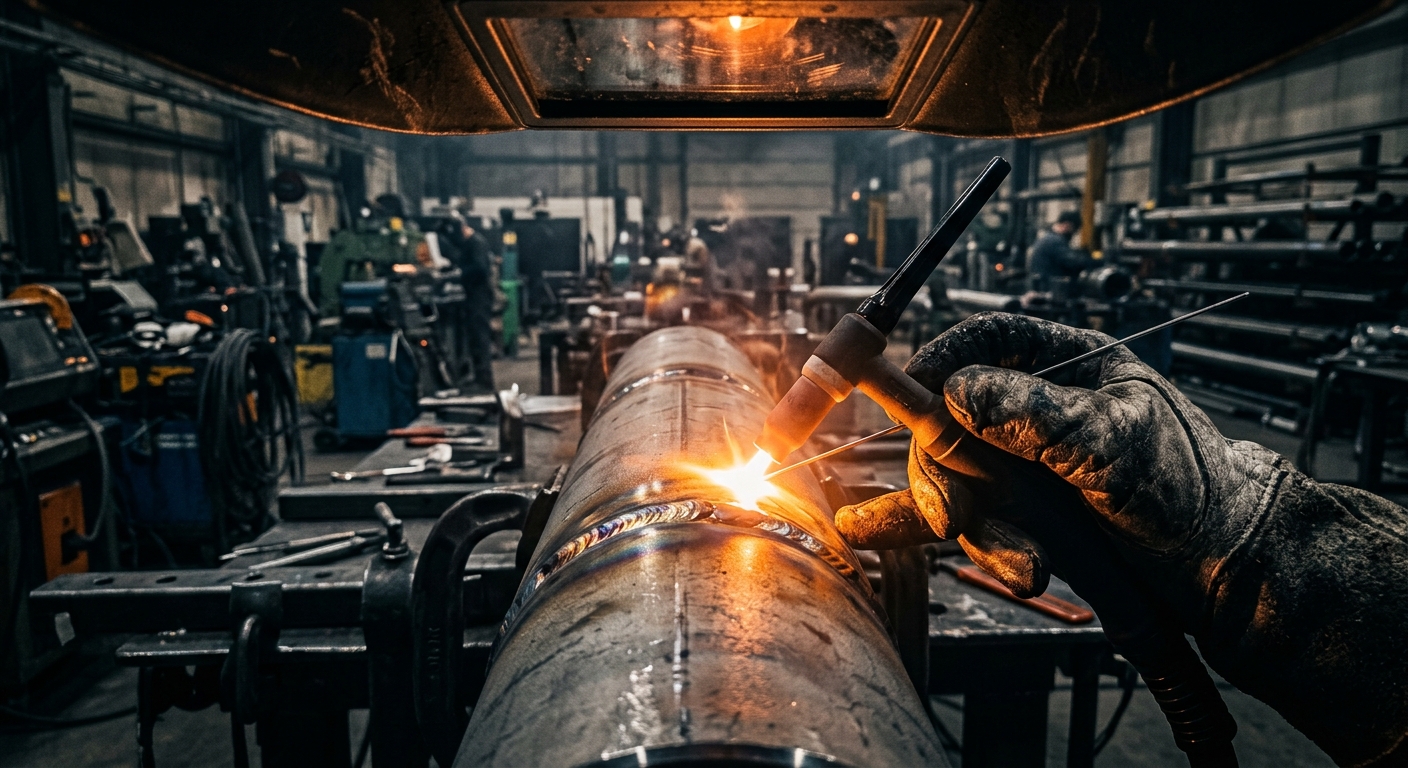 Welder working on duplex stainless steel pipe joint with arc glow